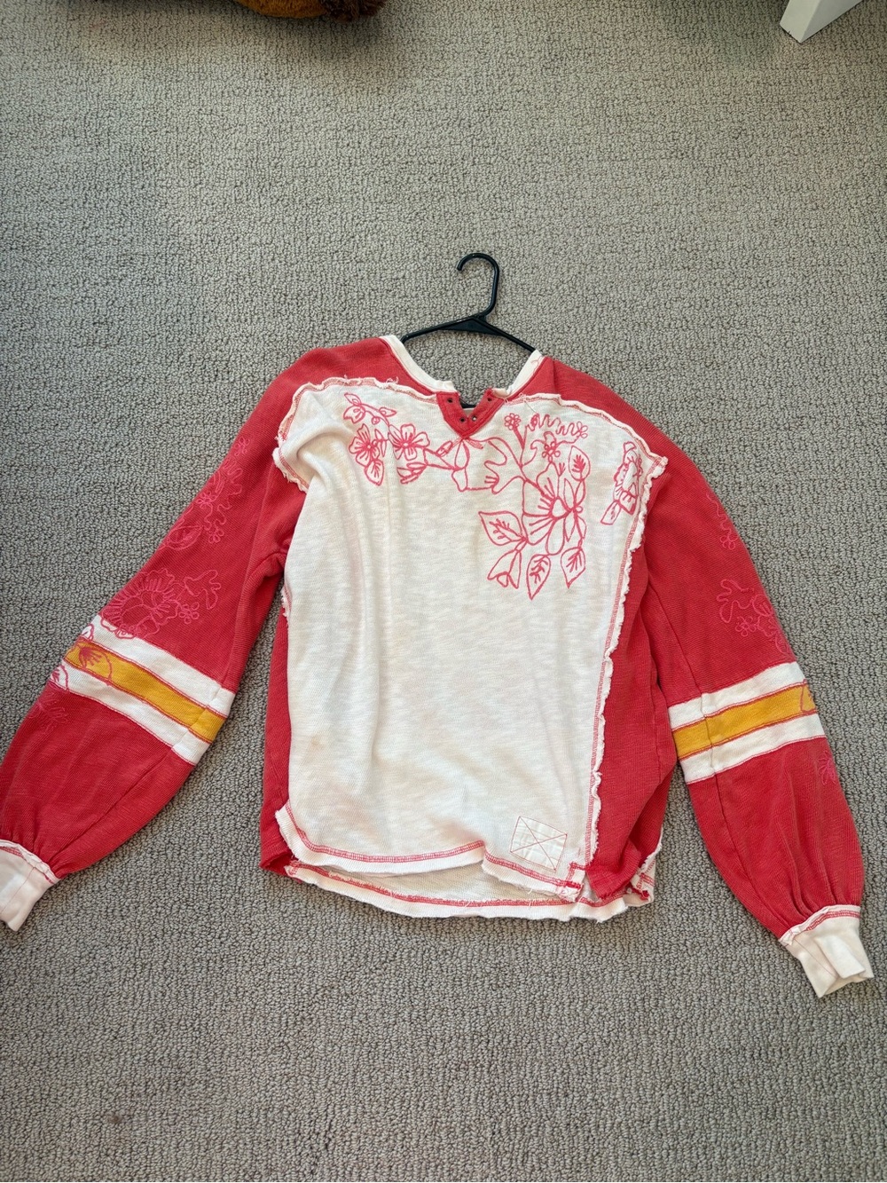 Free People Two-Tone V-Neck Pullover Sweater in Cream & Red with Yellow Stripe